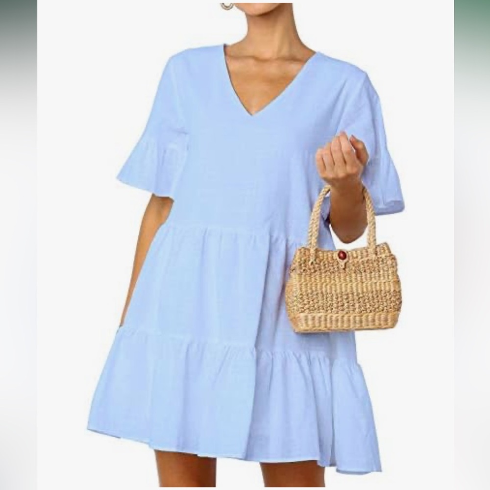 FANCYINN Short Sleeve Tiered Dress in Light Blue - Picture 5 of 11